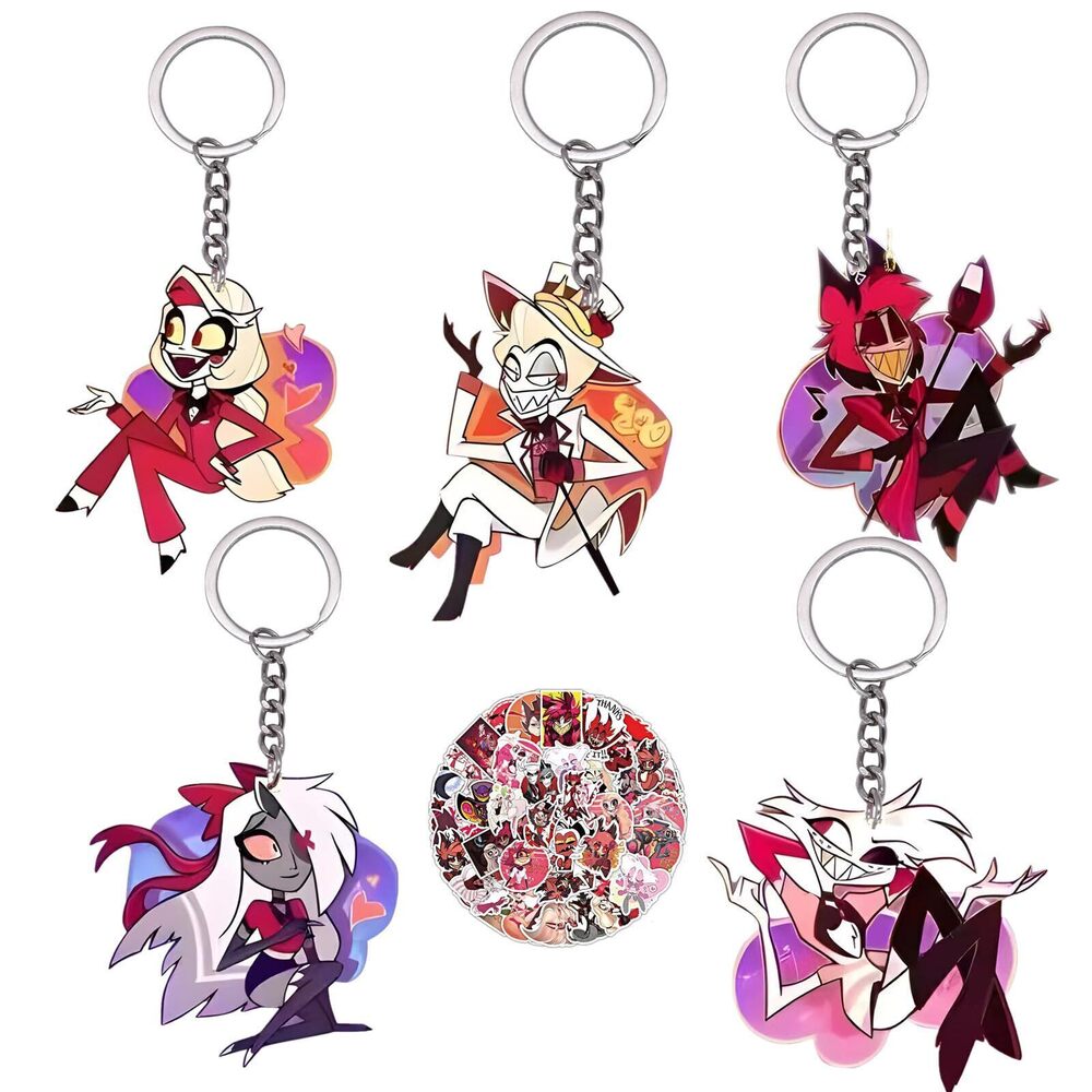 2878 5pcs Anime Keychain and 50pcs Stickers Acrylic Keyring for Backpack